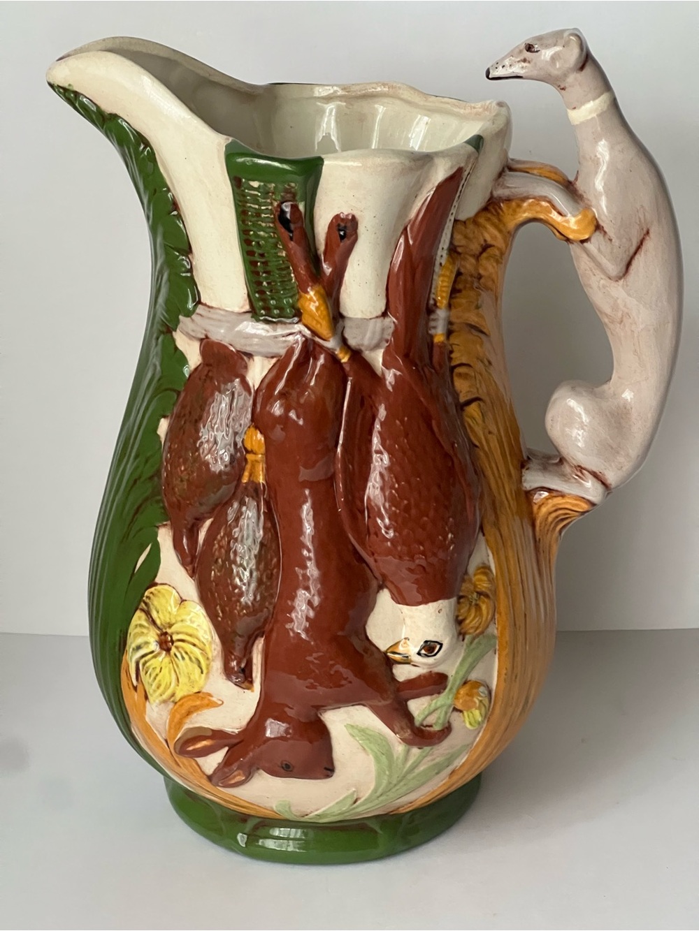 Vintage Hand-Painted Ceramic Game Pitcher in Green, Brown & Cream & hound handle